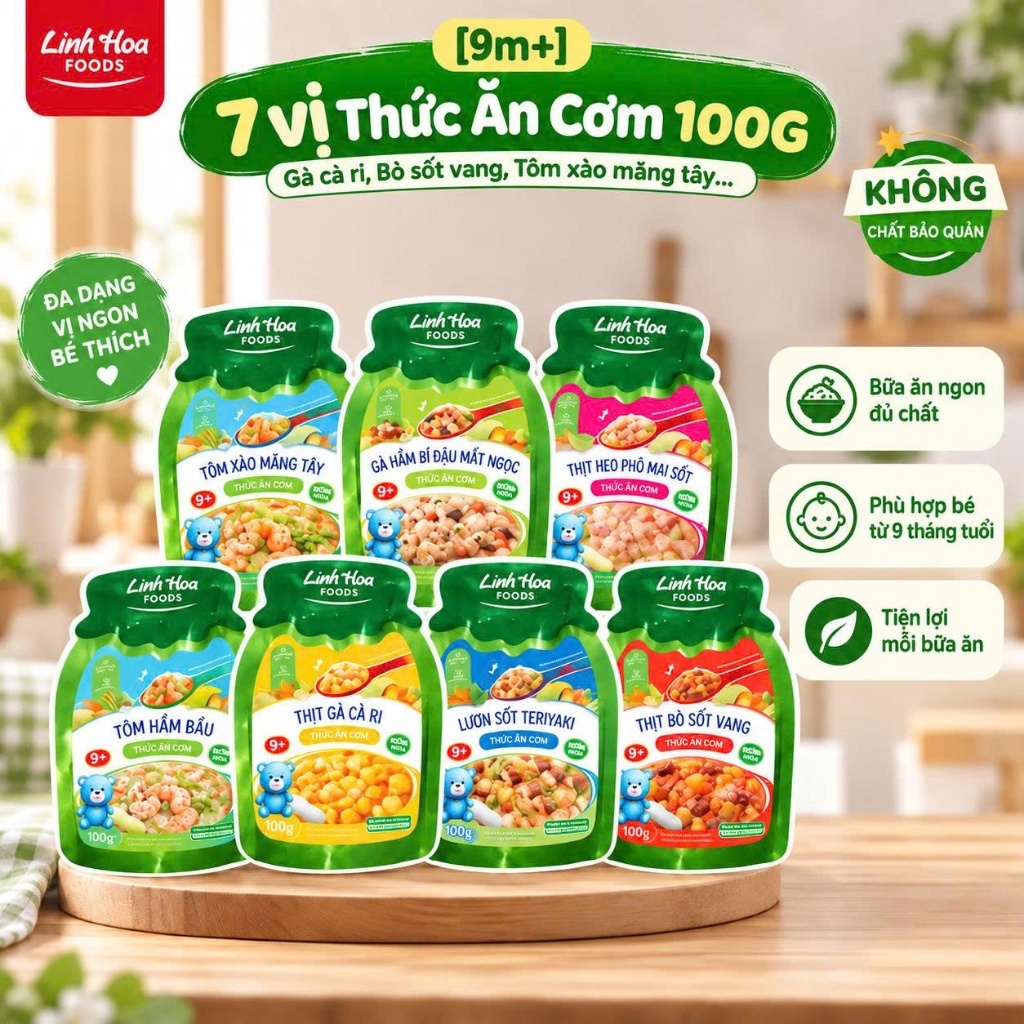 [9m+] 7 vị Thức Ăn Cơm 100g (Gà cà ri, Bò sốt vang, Tôm xào măng tây...) - Linh Hoa Foods