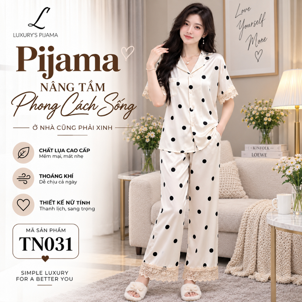 Đồ bộ LUXURY PIJAMA lụa latin cao cấp, mềm mịn sang trọng tay ngắn họa tiết chấm bi TN031