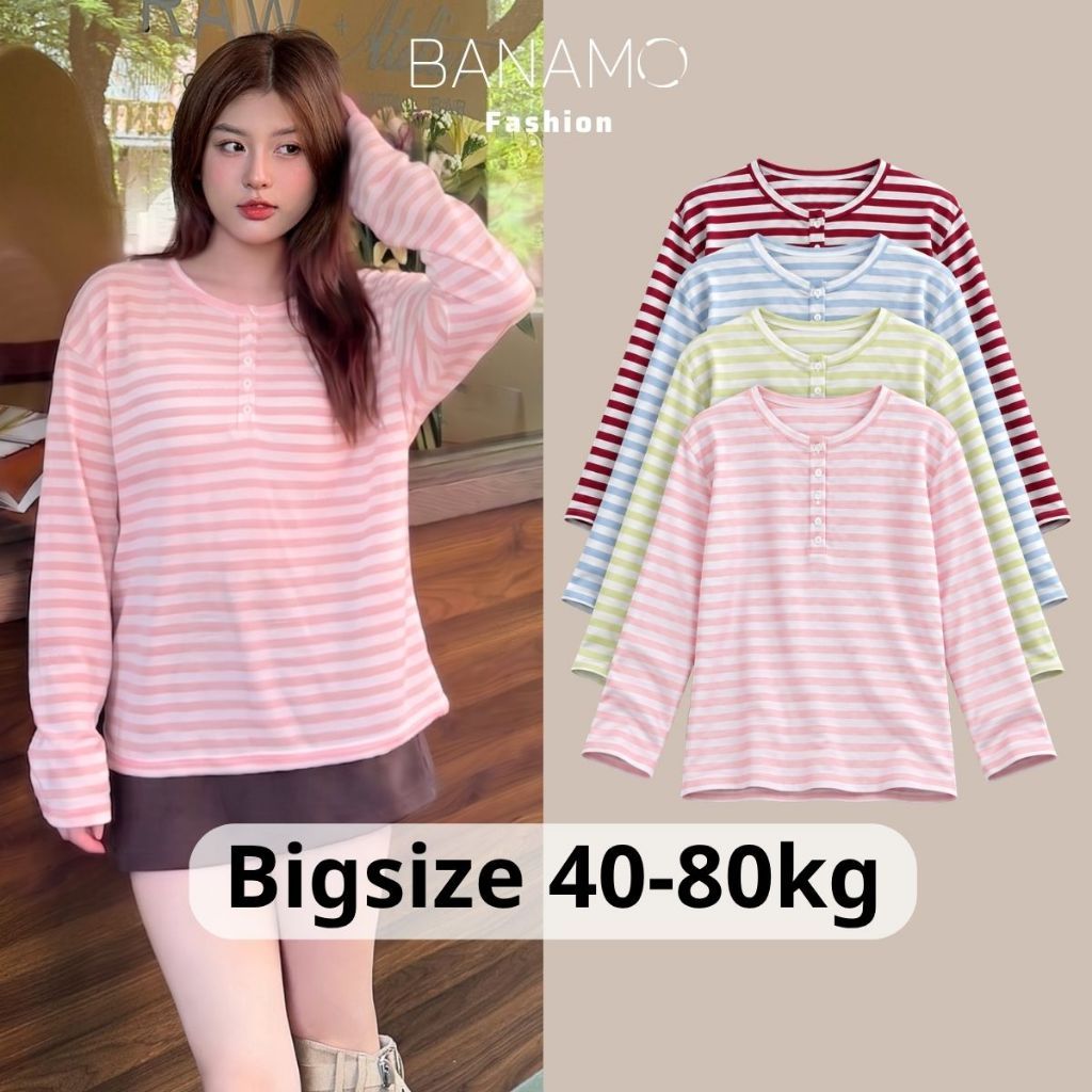 Áo thun nữ BIGSIZE Banamo Fashion tay dài kẻ sọc cổ trụ form suông phong cách Hàn Quốc 370