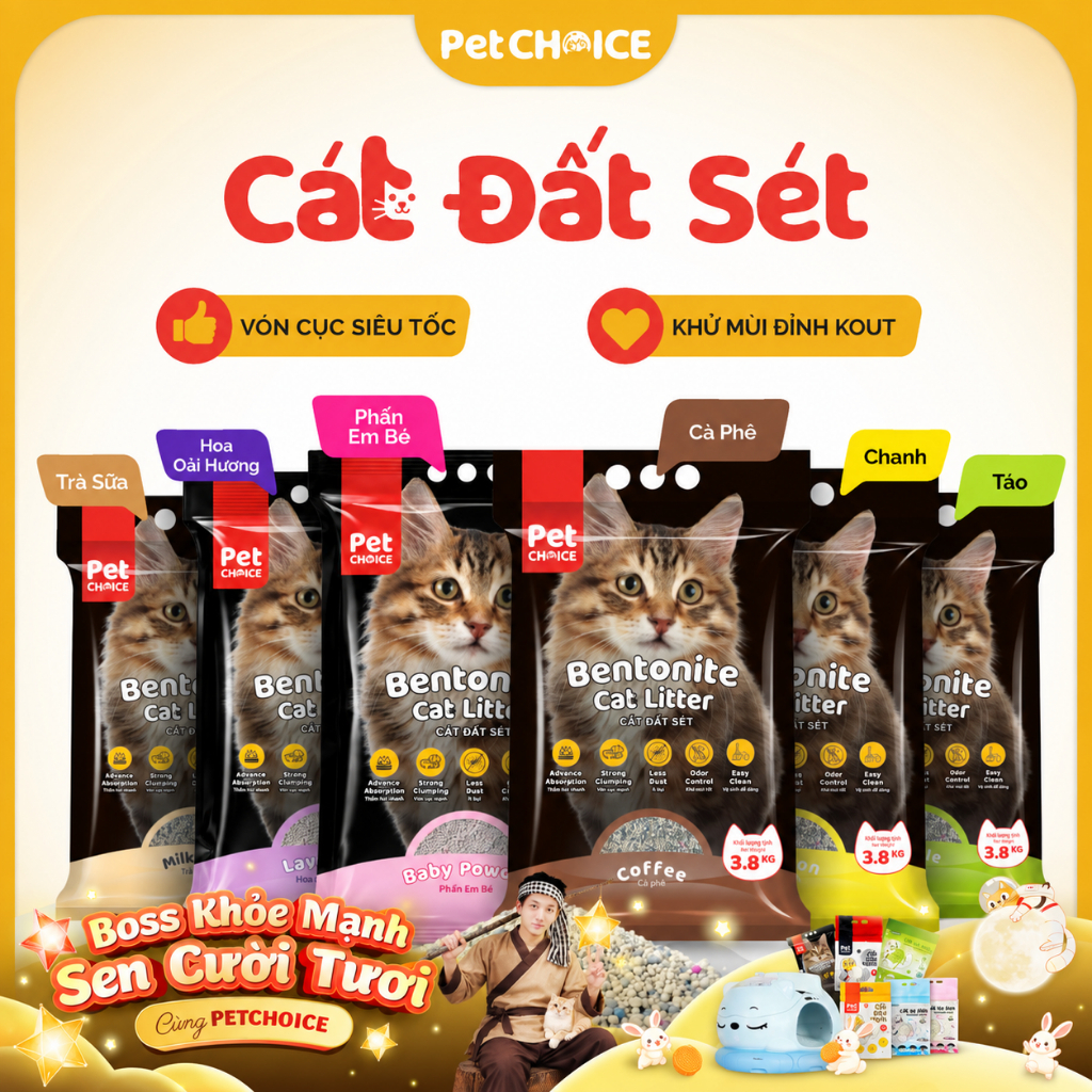 CÁT ĐẤT SÉT cho mèo PetChoice, cát vệ sinh cho mèo khử mùi, ít bụi, siêu vón cục 3.8kg