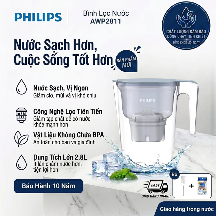 Bình Lọc Nước PHILIPS 2.8L AWP2811 AWP2921 Kèm Lõi Lọc / Bộ 3 Lõi Lọc Thay Thế AWP210 Chính Hãng