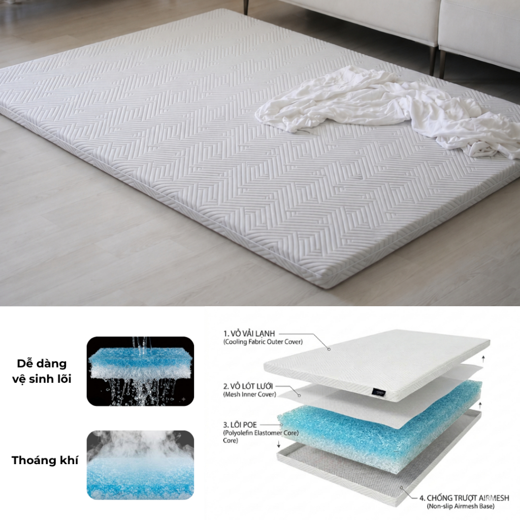 NỆM FOAM THOÁNG KHÍ – LÕI 3D LÒ XO – VINALON™ AIRFIBER, DỄ VỆ SINH