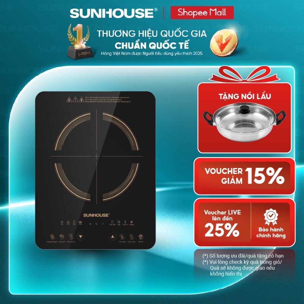 Bếp từ đơn Sunhouse SHD6803 - Công suất 2000W - Bảo hành 12 tháng - 8 chế độ nấu - Nút bấm điện tử