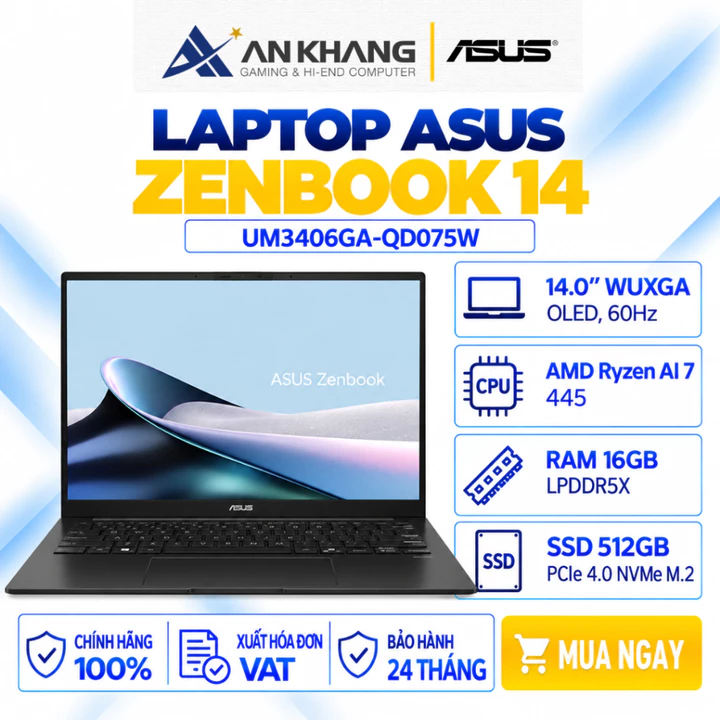 Laptop ASUS Zenbook 14 UM3406GA-QD075W Ryzen AI 7 445 16GB 512GB 14inch WUXGA OLED Mỏng Nhẹ Bảo Hành 24 Tháng