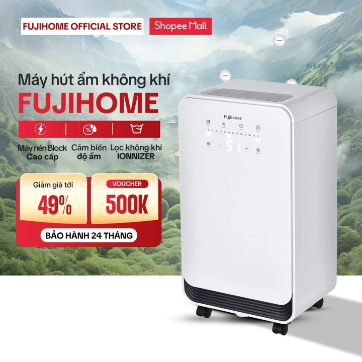 Máy hút ẩm 12L/ngày bằng máy nén Block lọc không khí FUJIHOME DH12NEW kết nối Wifi Nhập Khẩu 40m2, phòng ngủ phòng khách