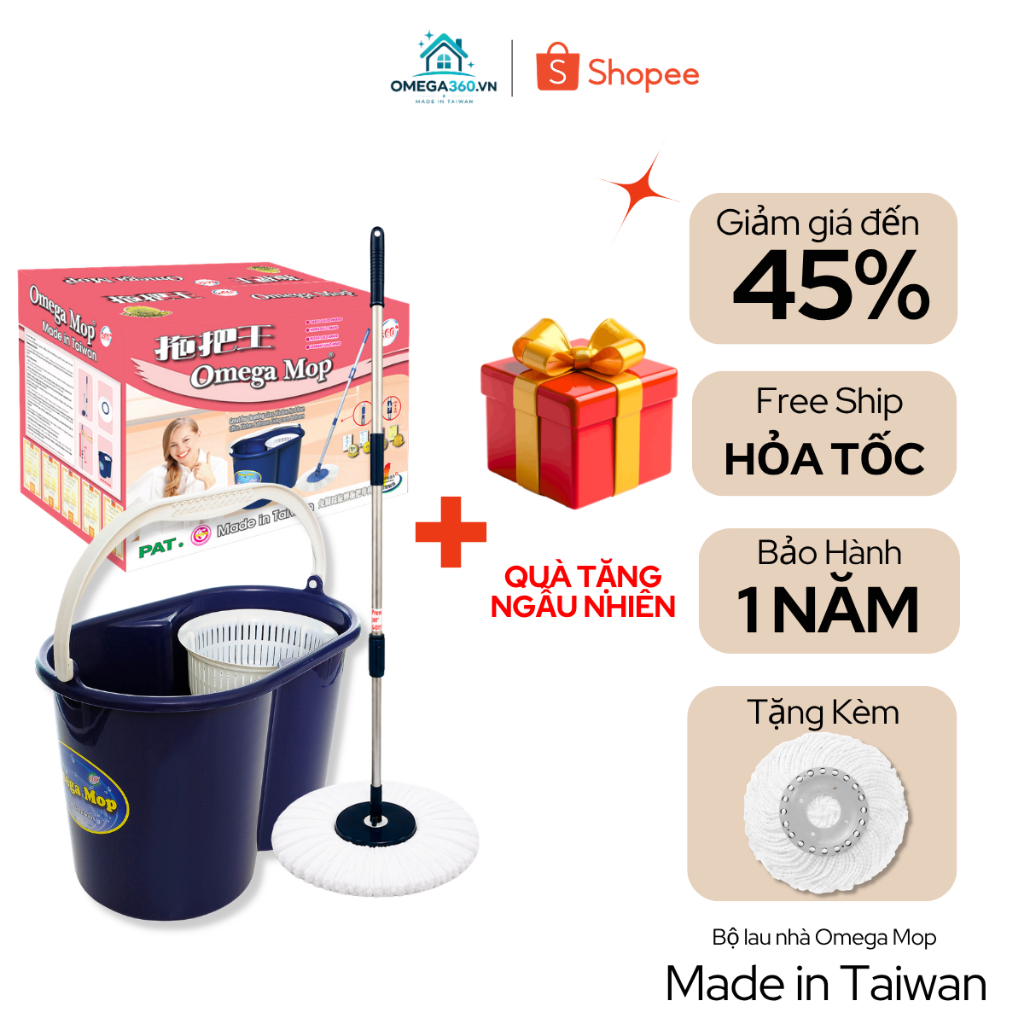 [Hỏa Tốc] BỘ LAU NHÀ 360 ĐỘ OMEGA MOP NHẬP KHẨU ĐÀI LOAN( 1 THÂN CÂY + 2 BÔNG LAU + 1 THÙNG LAU)
