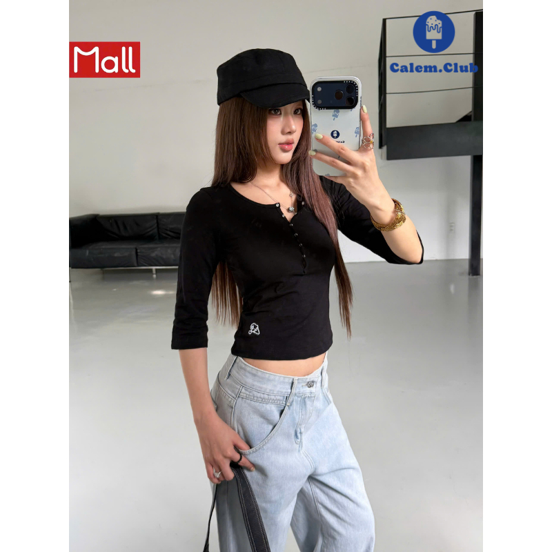 Calem.Club - Áo thun tay lửng Lily Henley Top cúc bấm, thêu que kem, chất liệu thun xược form ôm nữ tính phong cách