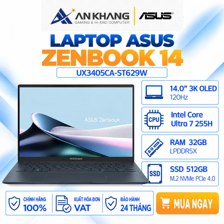 Laptop ASUS Zenbook 14 UX3405CA-ST629W Ultra 7 255H 32GB 512GB 14" 3K OLED 120Hz Mỏng Nhẹ Bảo Hành 24 Tháng