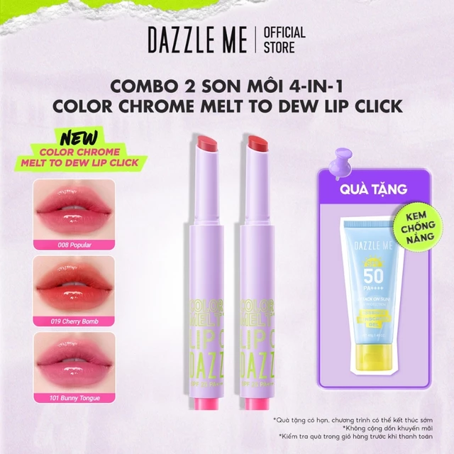 COMBO 2 son 4-in-1 DAZZLE ME Color Chrome Melt to Dew Lip Click dưỡng ẩm chống nắng đôi môi 2g+2g+2g