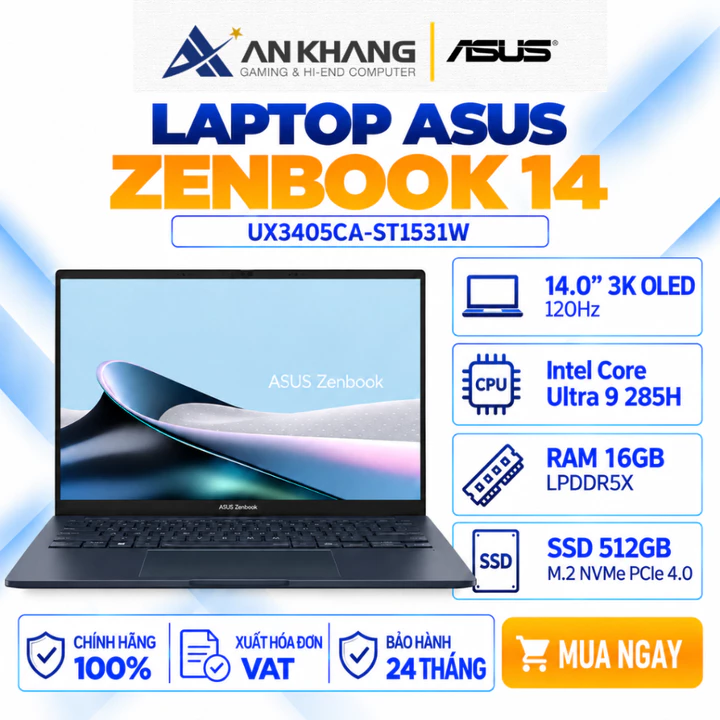 Laptop ASUS Zenbook 14 UX3405CA-ST1531W Ultra 9 285H 16GB 512GB 14" 3K OLED 120Hz Mỏng Nhẹ Bảo Hành 24 Tháng