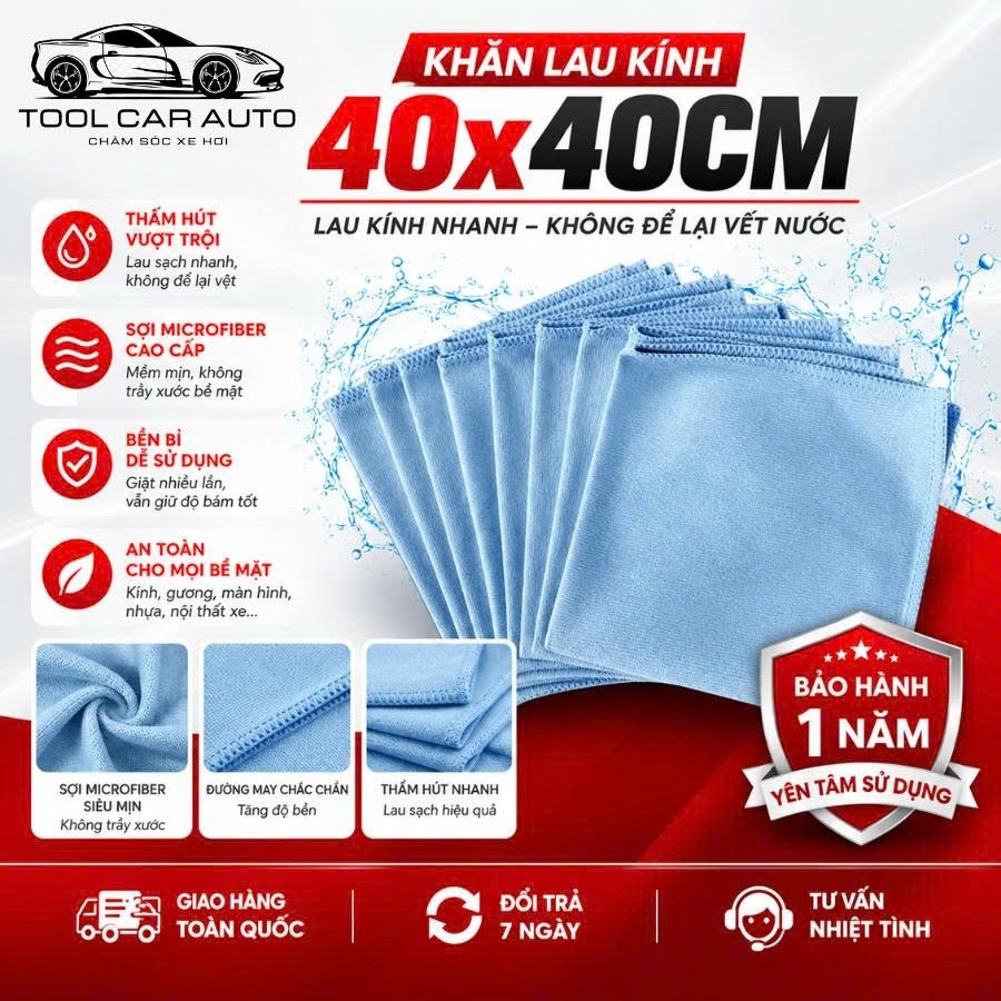 Khăn Lau Kính Ô tô Size 40x40Cm Vải Không Xù Lông Thấm Hút Mạnh Làm Sạch Nhanh, Không Để lại Bụi Vải