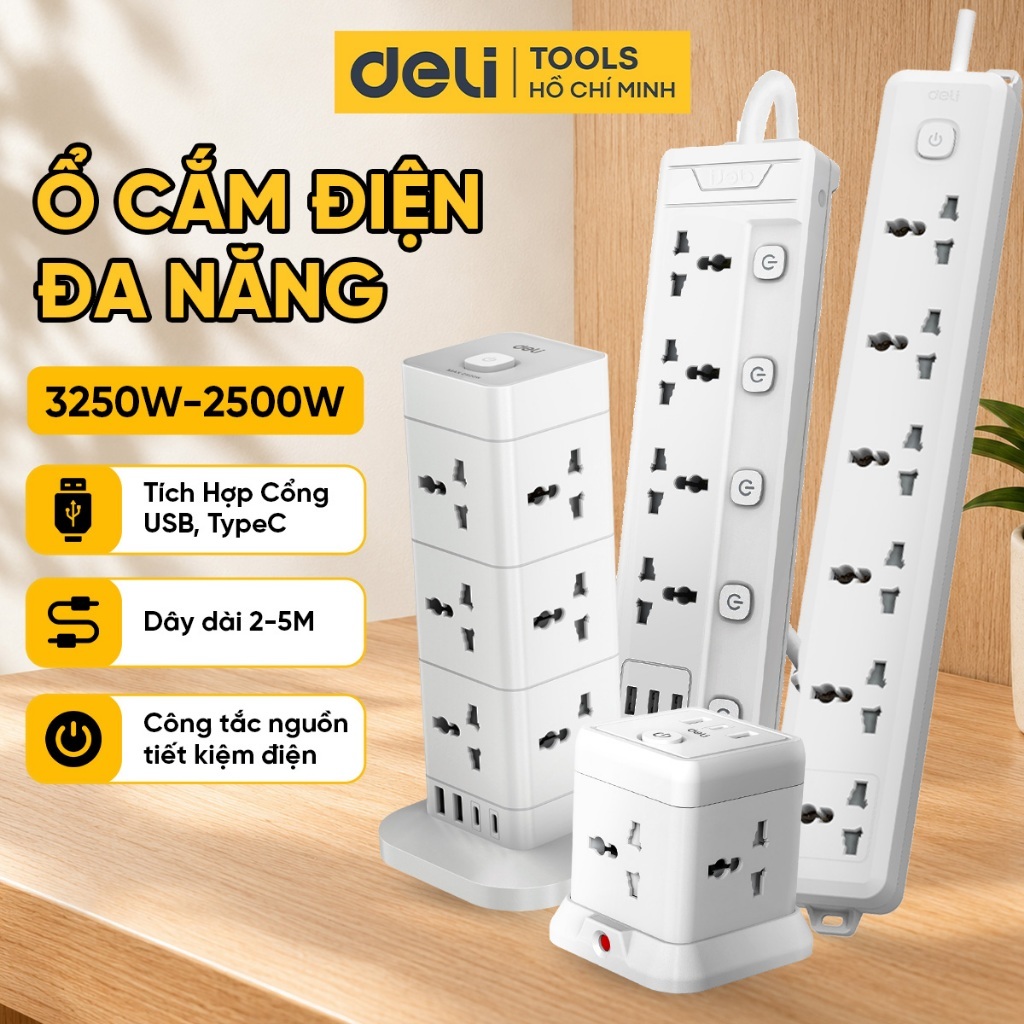 Ổ Cắm Điện 3250W-2500W Tích Hợp Cổng USB TypeC Đa Năng DELI, 2-6 Lỗ Cắm Đầu 3, Dây 2-5M Tiện Dụng, An Toàn,Chống Cháy Nổ