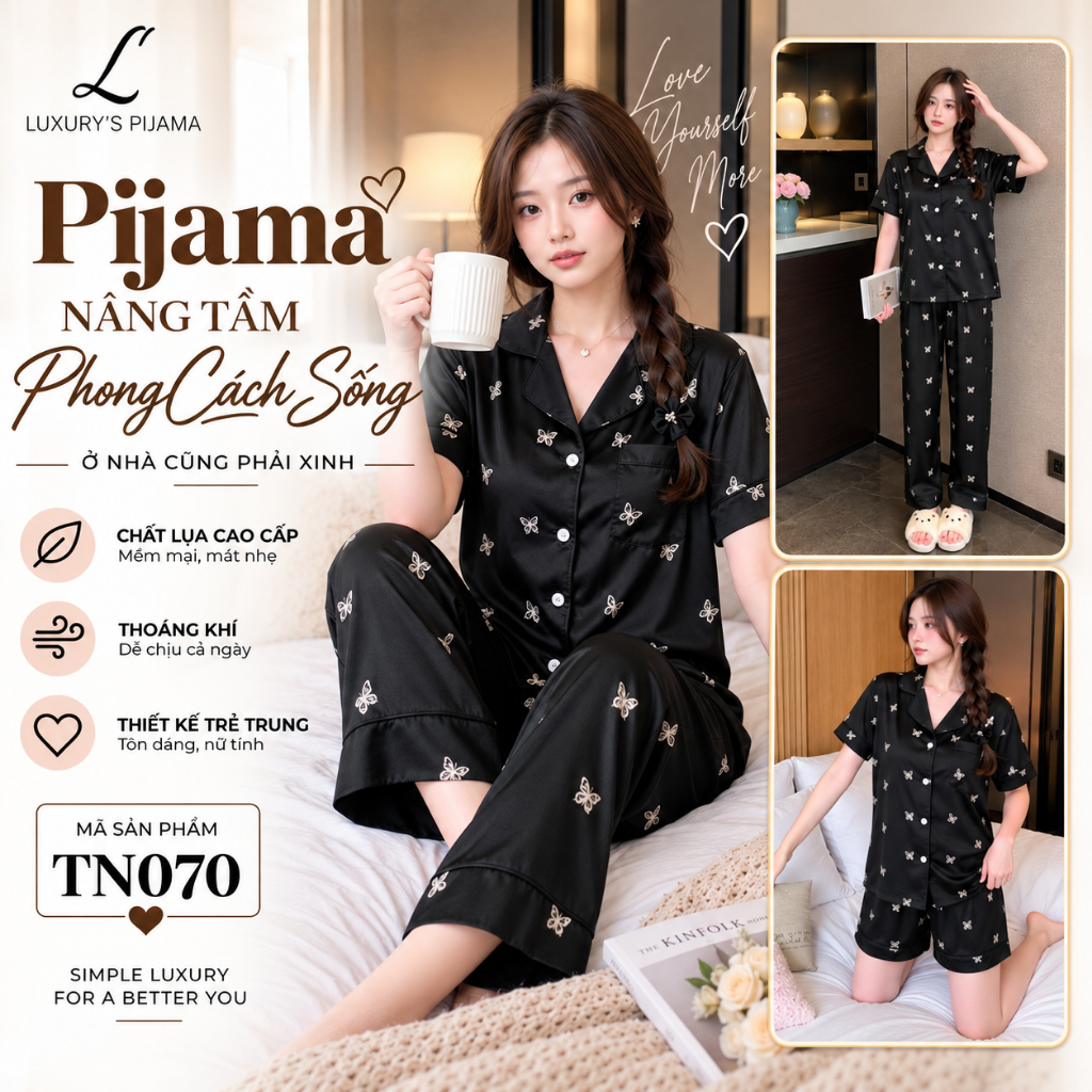 Đồ bộ KẾT HỢP LUXURY PIJAMA lụa latin, mềm mịn sang trọng tay ngắn màu đen họa tiết bướm TN070