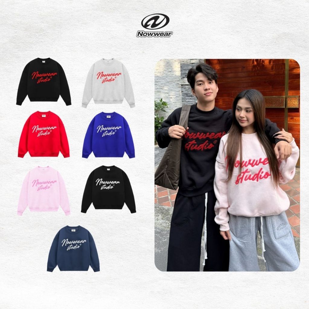 Áo Nỉ Sweater Thêu Xù Nowwear Tay Phồng Form Boxy Chất Nỉ Bông Dày 350gsm Đồ Đi Đà Lạt Nam Nữ Ver 2