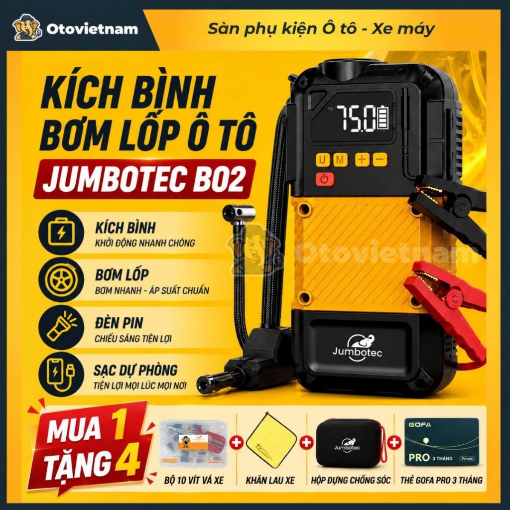 Kích Bình & Bơm Lốp Ô Tô, Xe Máy 4in1 Jumbotec B02 - Dung Lượng Pin 8.000mAh, Bảo Hành 12 Tháng