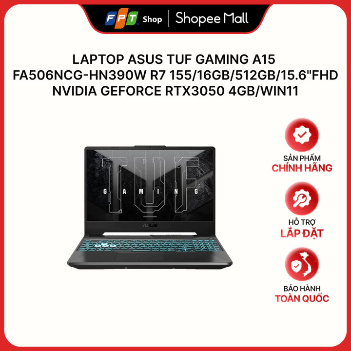 Laptop Asus TUF Gaming A15 FA506NCG-HN390W R7 155/16GB/512GB/15.6"FHD/Nvidia GeForce RTX3050 4GB/Win11