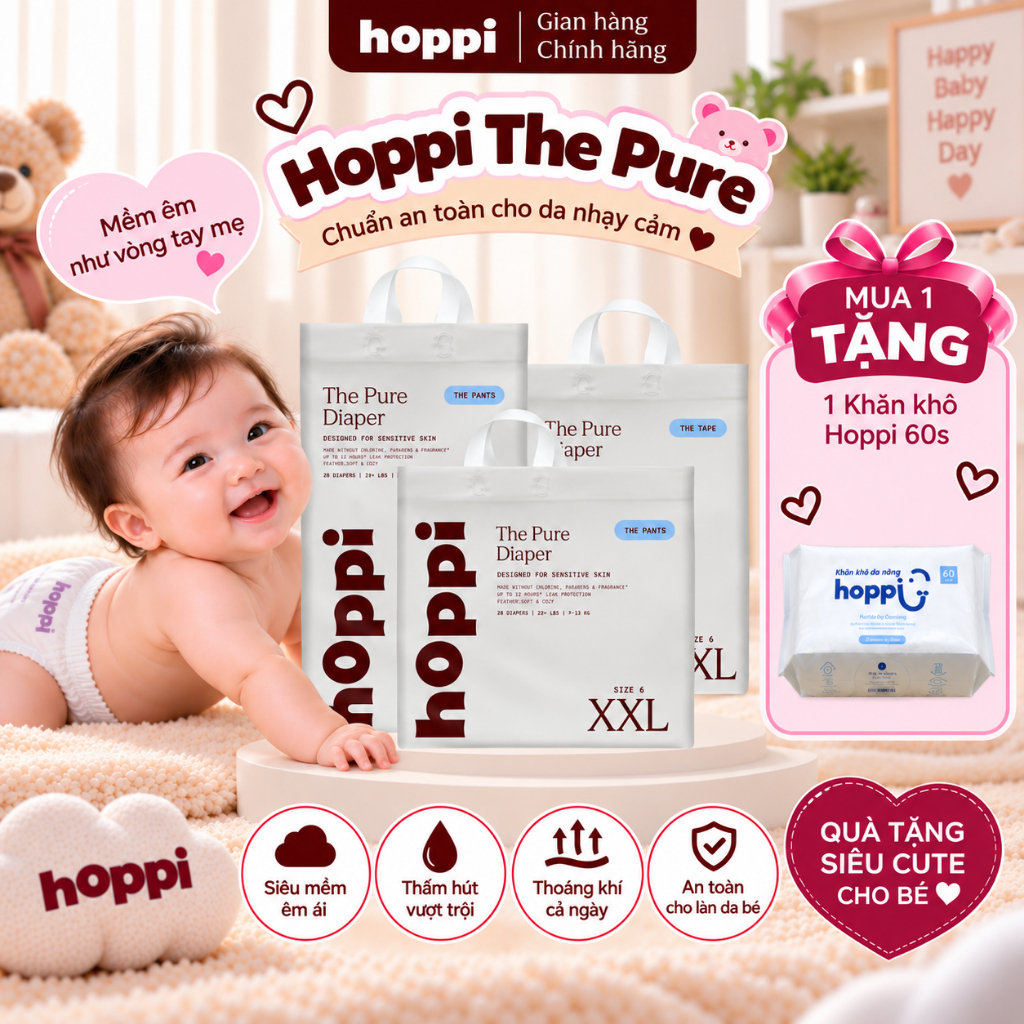 [DEAL ĐẶC BIỆT] Tã/Bỉm Hoppi The Pure - Công nghệ siêu thấm hút ( Đủ các size cho bé)