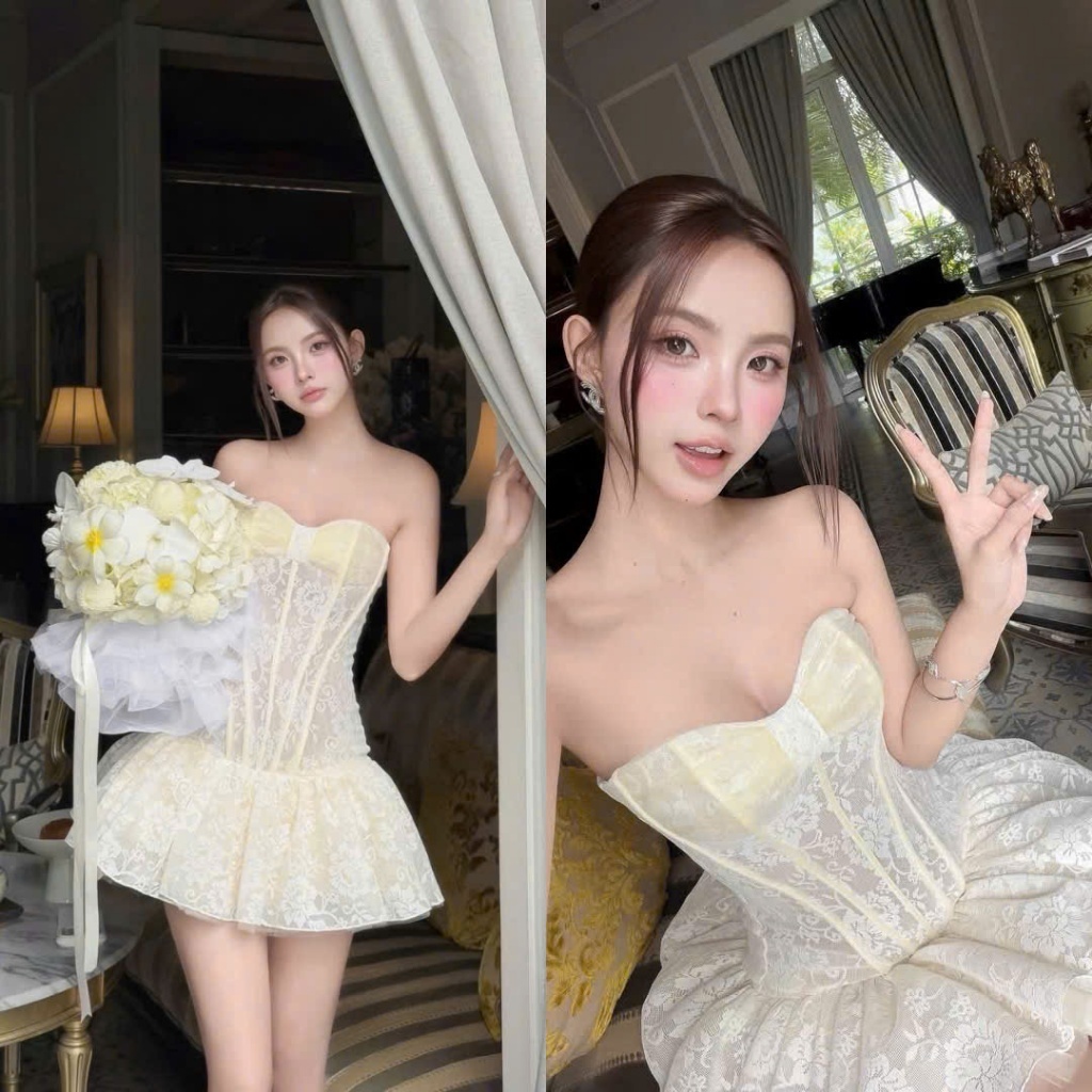 Đầm Ren Hoa Corset Cup Ngực Dáng Xòe Bồng Tiểu Thư Sang Trọng