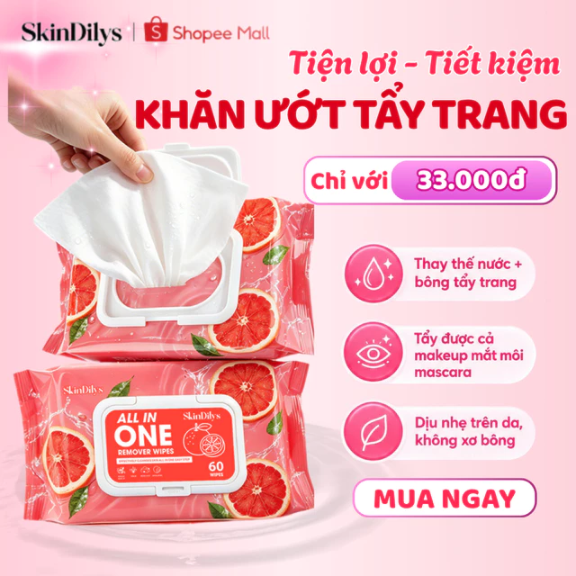 Khăn ướt tẩy trang SkinDilys, tẩy trang sạch sâu mắt môi và lớp makeup, tẩy trang khăn ướt dịu nhẹ - Aura
