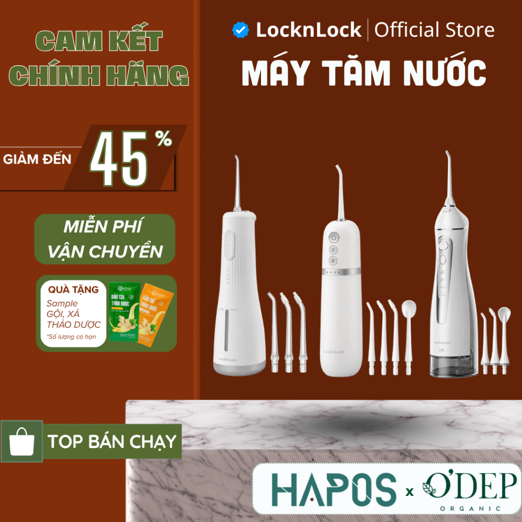 Máy tăm nước LocknLock 190ml Chính hãng, pin sạc, 3 loại đầu tăm vệ sinh răng miệng chuẩn nha khoa - HAPOS LOF