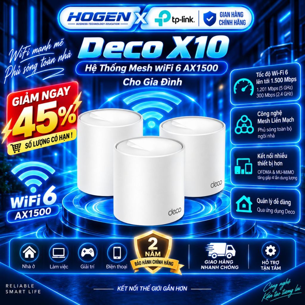 [TP-Link] Bộ Phát Wifi Mesh Deco X10 Wifi 6 AX - Tốc Độ 1.5Gbps, Phủ Sóng Liền Mạch, BH 24TH