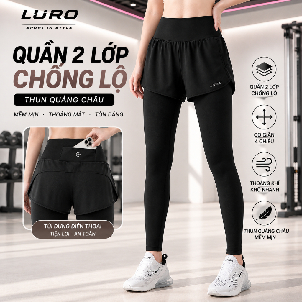 Quần dài thể thao nữ 2 lớp có túi [Luro Q9D], short legging nữ co giãn tập gym yoga, zumba, leo núi