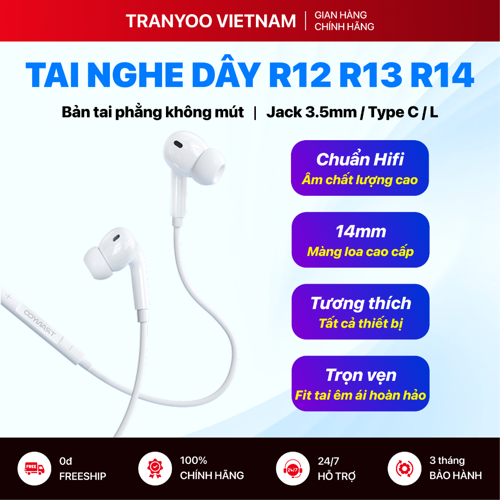 Tai Nghe Có Dây TRANYOO T-R12 R13 R14 Thiết Kế Nhét Tai Phù Hợp Nhu Cầu Văn Phòng, Học Tập, Giải Trí