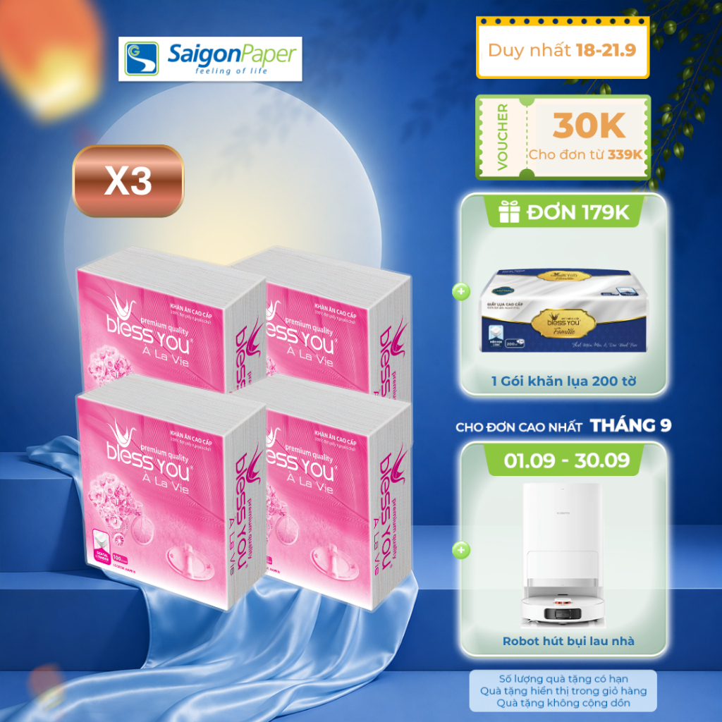 Combo 3 lốc Khăn Napkin Bless You Alavie 33x33 (4 gói/ lốc)