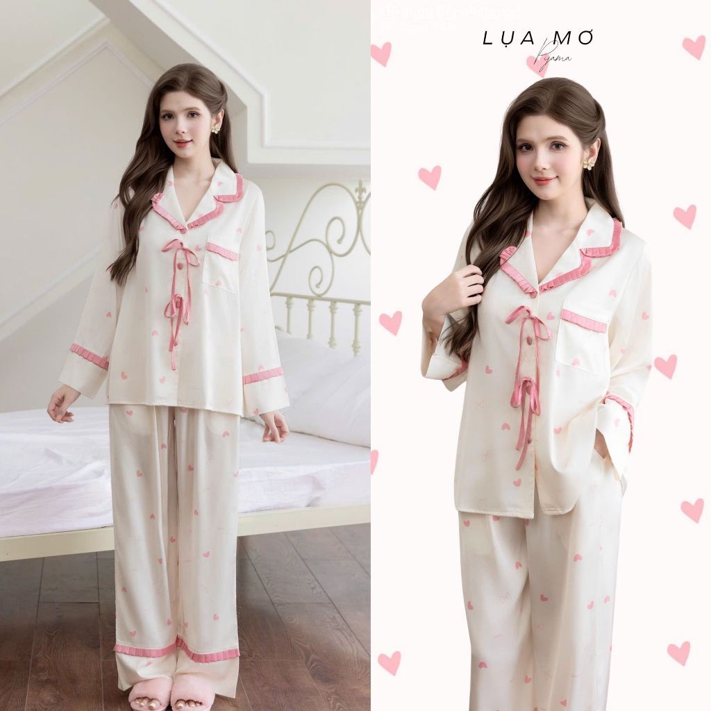 Pijama Tiểu Thư Cổ Áo Lụa Dập Ly Phối Nơ Vải Lụa Latin Cao Cấp - Đồ bộ Lụa Mơ LM299