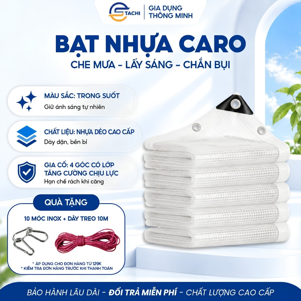 (Chắn Gió) Bạt Nhựa Caro TACHI Che Mưa Lấy Sáng Siêu Bền, Bạt Nhựa Dẻo Che Ban Công Sân Vườn, Bạt Trong Làm Vách Ngăn