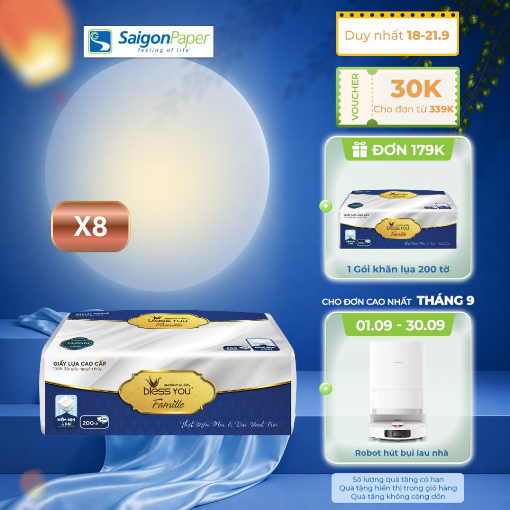 Combo 8 Gói Khăn lụa cao cấp Bless You Famille 200 tờ
