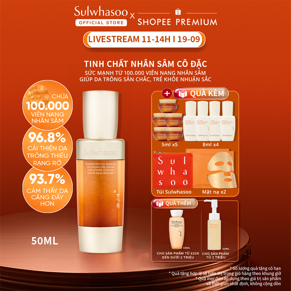 [Lan Ngọc 19.9 11H] Tinh Chất Nhân Sâm Cô Đặc Dưỡng Da Săn Chắc 50ML Sulwhasoo Concentrated Ginseng Rejuvenating Serum