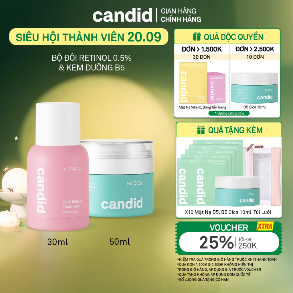 Bộ Đôi Hỗ Trợ Cải Thiện Và Phục Hồi Làn Da Candid Retinol 0.5% 30ml & Kem Dưỡng B5 Cica 50ml
