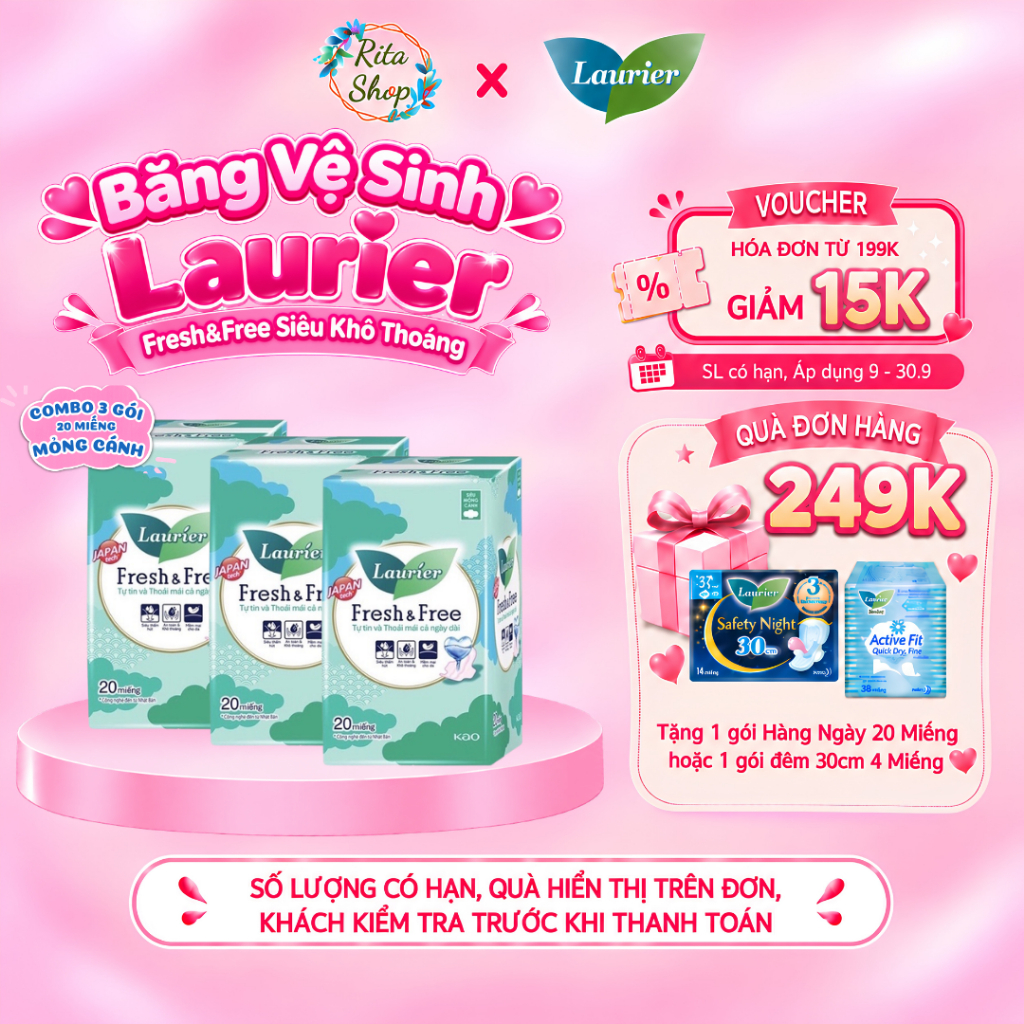 [COMBO 3 GÓI BVS] Băng Vệ Sinh Laurier Fresh & Free Ban Ngày Siêu Mỏng Cánh 22cm 20 Miếng