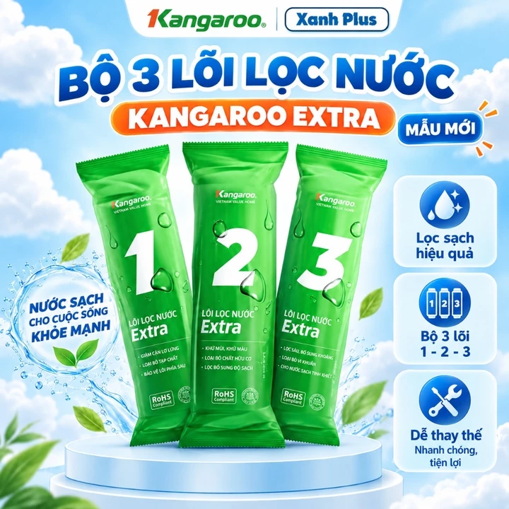 Bộ 3 Lõi Lọc Nước Kangaroo Extra 1 2 3 Mẫu Mới, Bộ Lõi Thay Thế Máy Lọc Nước Kangaroo Chính Hãng