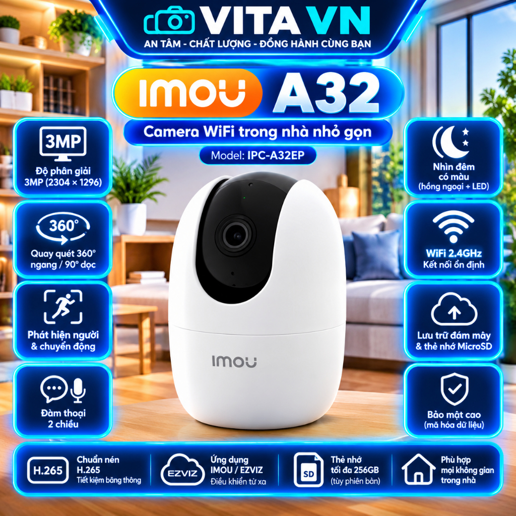 Camera imou A32EP, A52P, A32 PRO, A52 PRO, A82 PRO, C32 báo động về điện thoại đàm thoại 2 chiều,xoay 360 độ