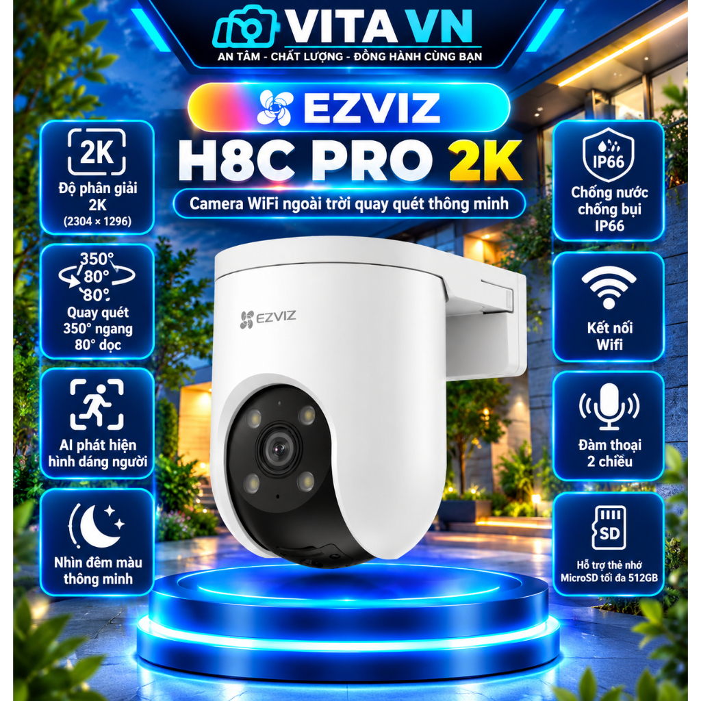 Camera Wifi ngoài trời EZVIZ H8C 3MP Quay 360 độ, có màu ban đêm, đàm thoại 2 chiều