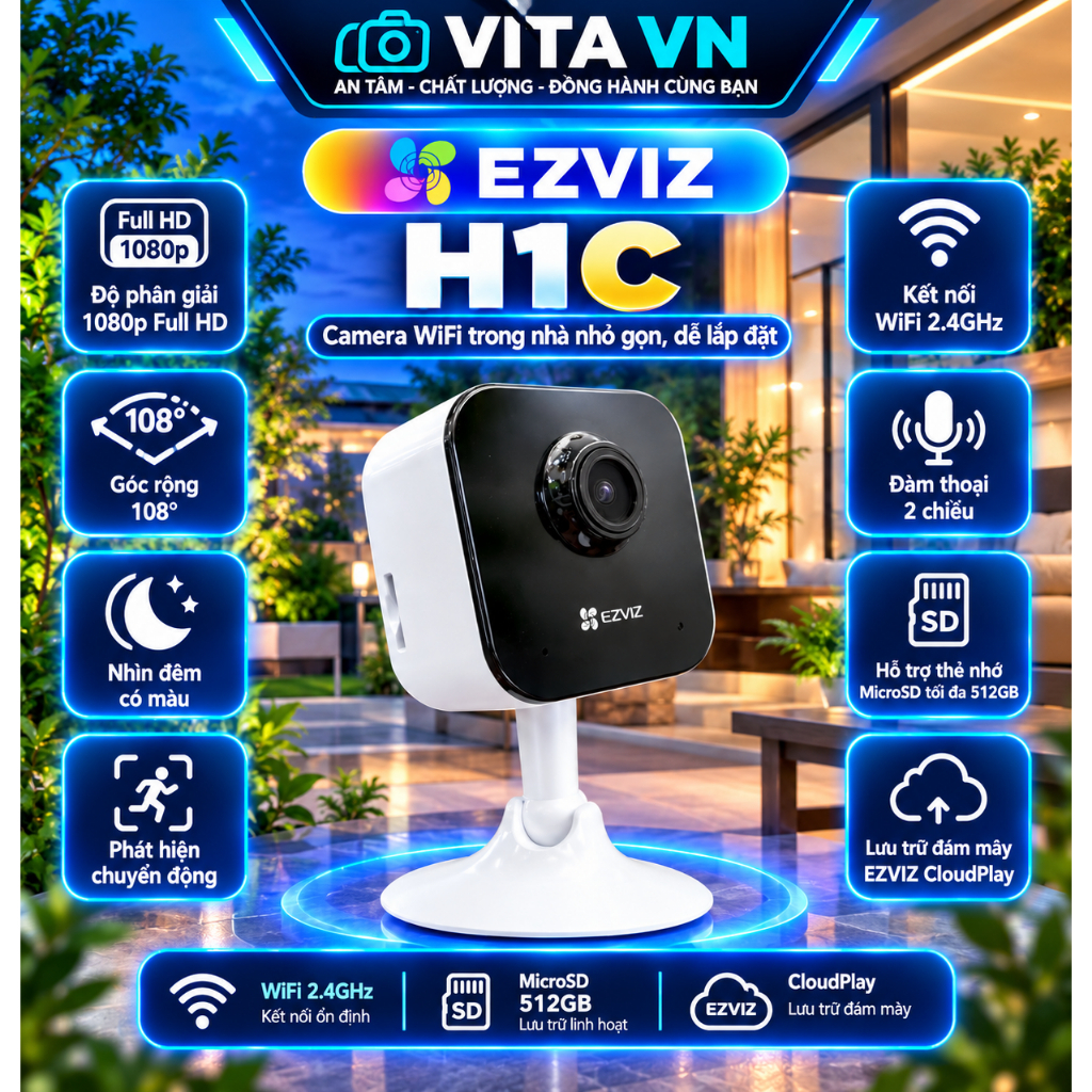 Camera Wifi EZVIZ H1C, dộ phân giải 2MP, đàm thoại 2 chiều, góc rộng, đế hít nam châm dễ dàng lắp đặt