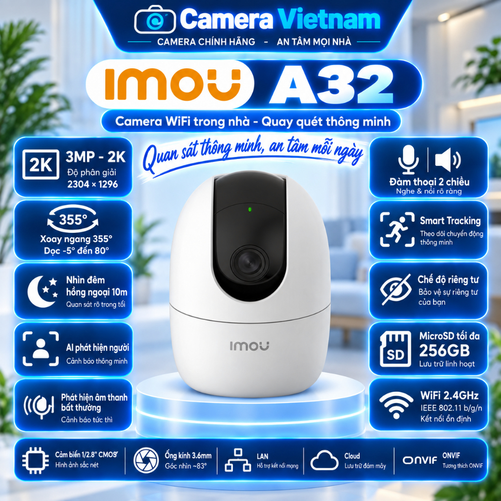 Camera Imou A32,camera wifi trong nhà Độ Phân Giải 3mp, Xoay 360 Độ, Đàm Thoại 2 Chiều,  Thanh Cảnh Báo Còi Hú