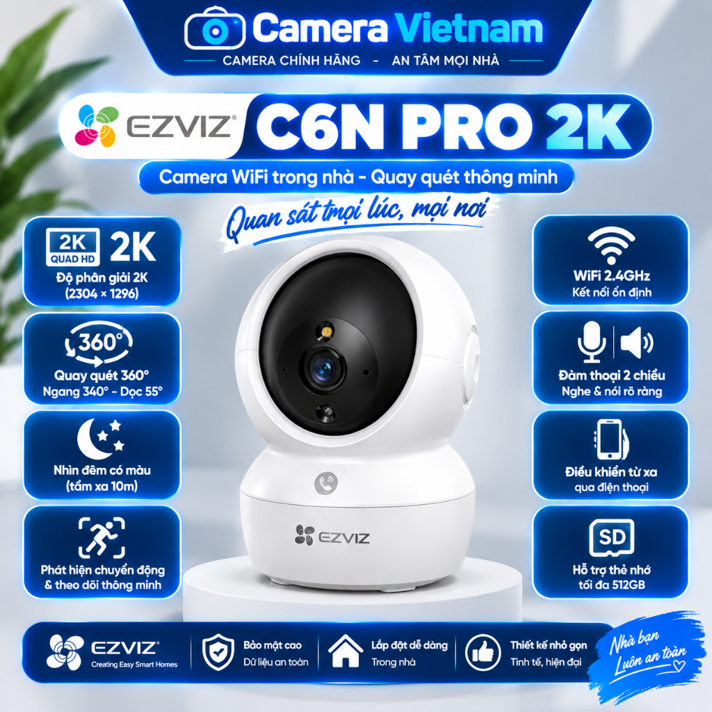 Camera EZVIZ C6N PRO 3MP, xoay 360 theo chuyển động, camera trong nhà đàm thoại 2 chiều, cảnh báo còi hú
