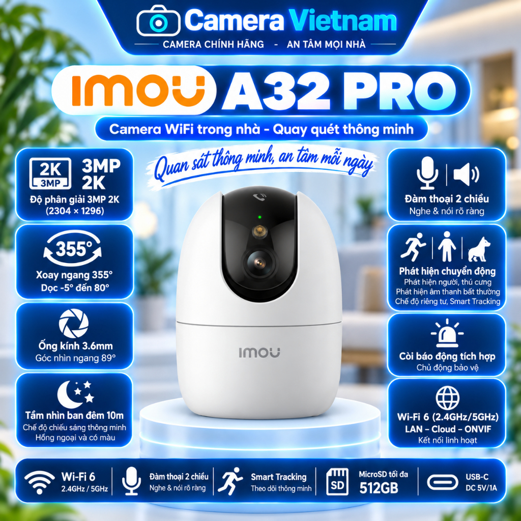 Camera Imou A32P PRO, camera wifi Độ Phân Giải 3mp, Xoay 360 Độ, Đàm Thoại 2 Chiều,  âm Thanh Cảnh Báo Còi Hú