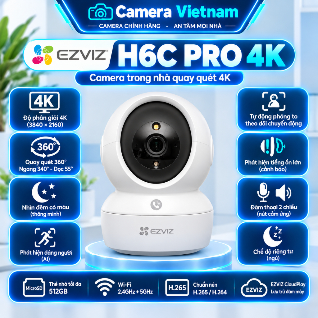 Camera Ezviz H6C G1 độ phân giải 4K, ban đêm có màu, đàm thoại 2 chiều, cảnh báo còi hú tại CAMERA VIỆT NAM