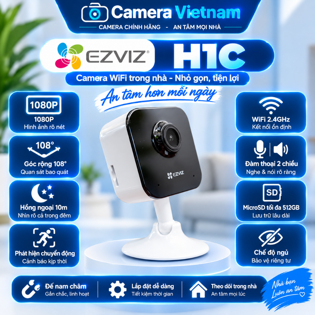 Camera Wifi Cố Định Góc Rộng Ezviz H1C, Độ Phân Giải 1080 Full HD, Đàm Thoại 2 Chiều Cảnh Báo Còi Hú