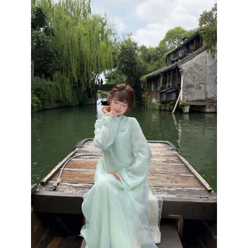 Áo Dài Nữ Tơ Nhiều Lớp Tứ Thân Màu Xanh Tiffany Dịu Dàng Phong Cách Thanh Lịch Mặc Tết AD3