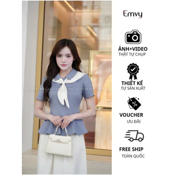 Áo Kiểu Peplum Nữ Tay Ngắn Kèm Khăn Choàng Cổ Phong Cách Hàn Quốc Dịu Dàng Đi Làm Đi Chơi Emvy Clothing EV226
