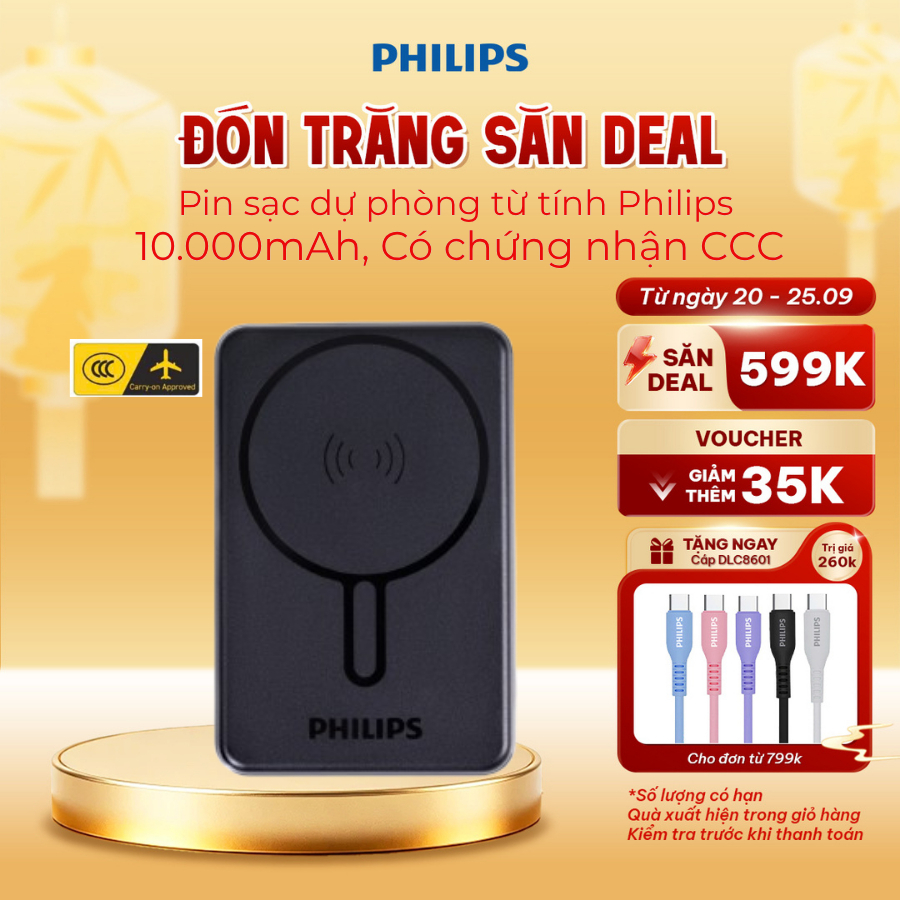[Chứng Nhận CCC] Pin Sạc Dự Phòng Từ Tính Philips DLP6759 10.000mAh 22.5W, có 3C, mang lên máy bay