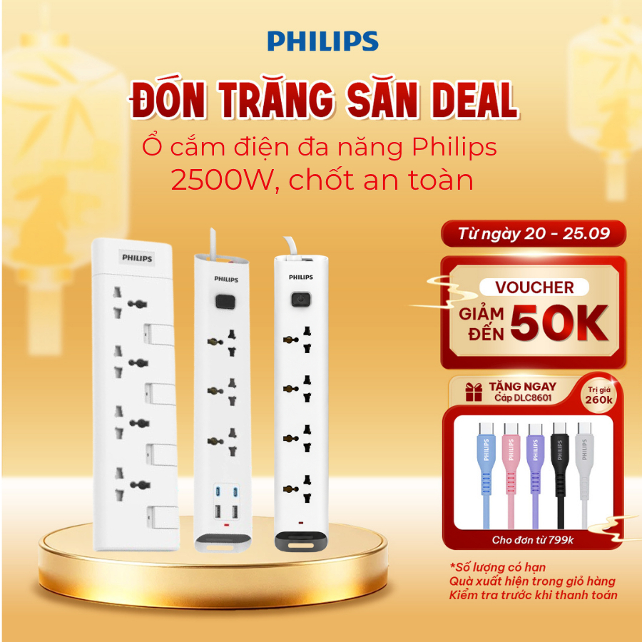 [HỎA TỐC] Ổ cắm điện đa năng Philips công suất 2500W, chốt an toàn, bảo vệ quá tải, cổng sạc typeC, USB, dây dài 2m