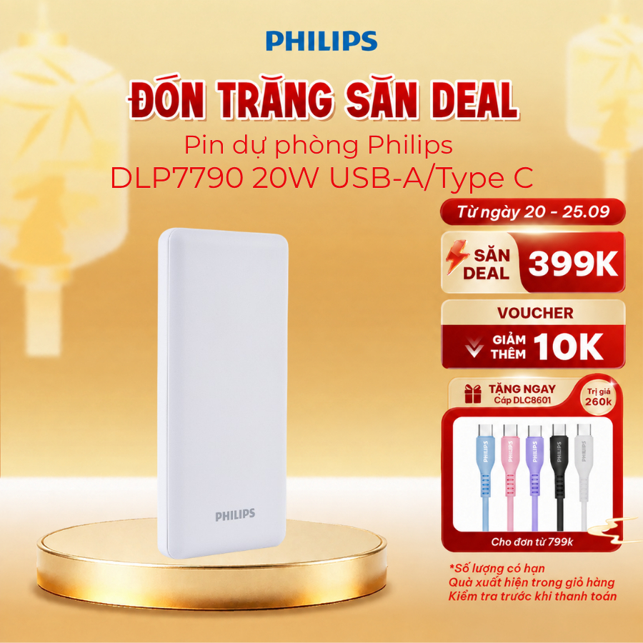 Pin dự phòng Philips DLP7790 Chính Hãng 10.000mAh PD20W/ QC3.0 sạc nhanh 20W USB-A/Type C