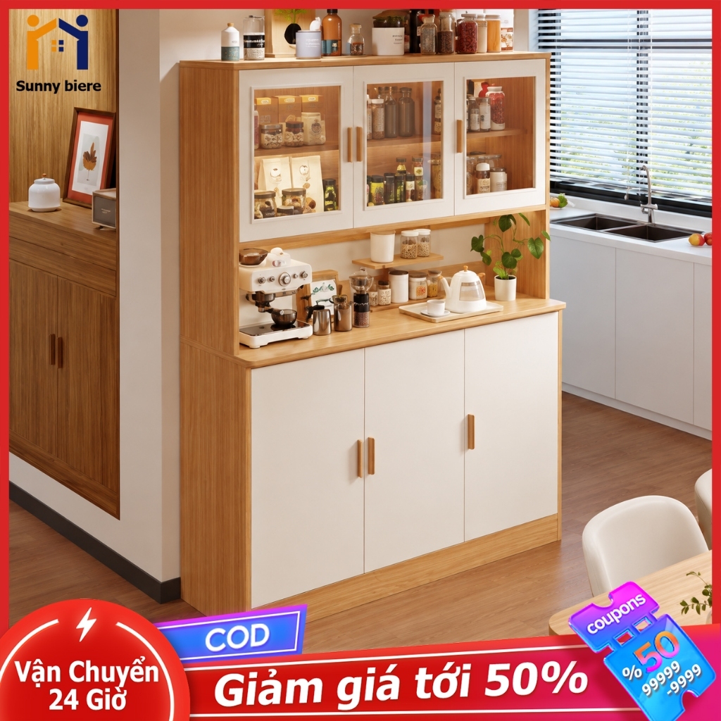 SUNNY Tủ bếp 6 cánh, cửa trên acrylic, nhiều ngăn, có kệ để lò vi sóng, gọn gàng cho phòng ăn