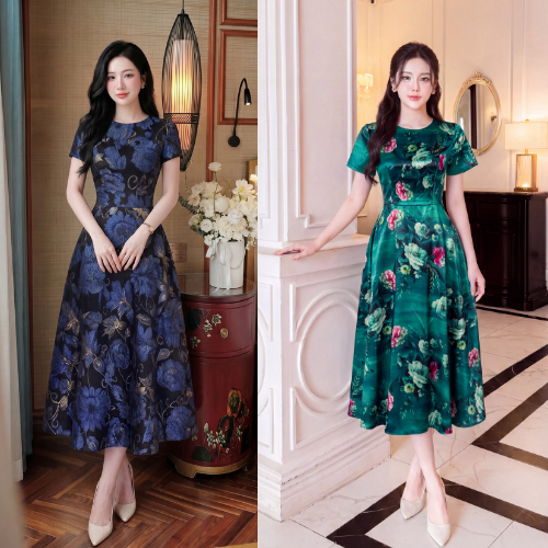 Váy Công Sở ADELA DESIGN Lụa Twist Satin Cao Cấp Chiết Eo Tôn Dáng Họa Tiết Xanh BST MDU6287